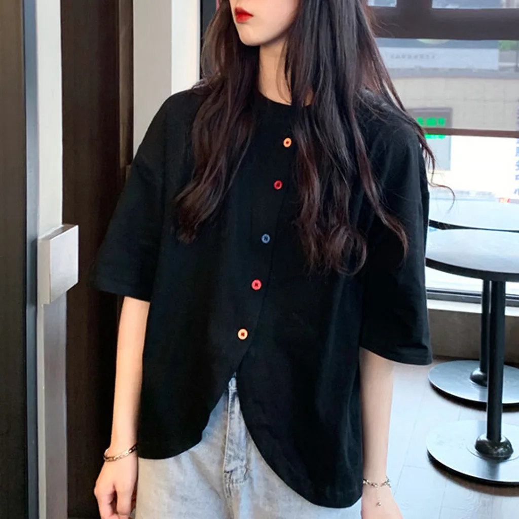 40#Women's Retro Blouses Loose Color Button O-neck Short Sleeve Shirt Irregular Spring Elegant Top Korean Sweet Blouse блузка womens shirts and blouses Blouses & Shirts