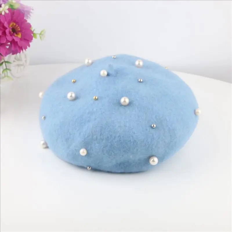 Light Blue Dilidala, новинка, женский берет для женщин, милая и милая теплая шерстяная фетровая шапка с жемчугом, осенняя и зимняя шапка конфетного цвета с тыквой - Цвет: Light Blue