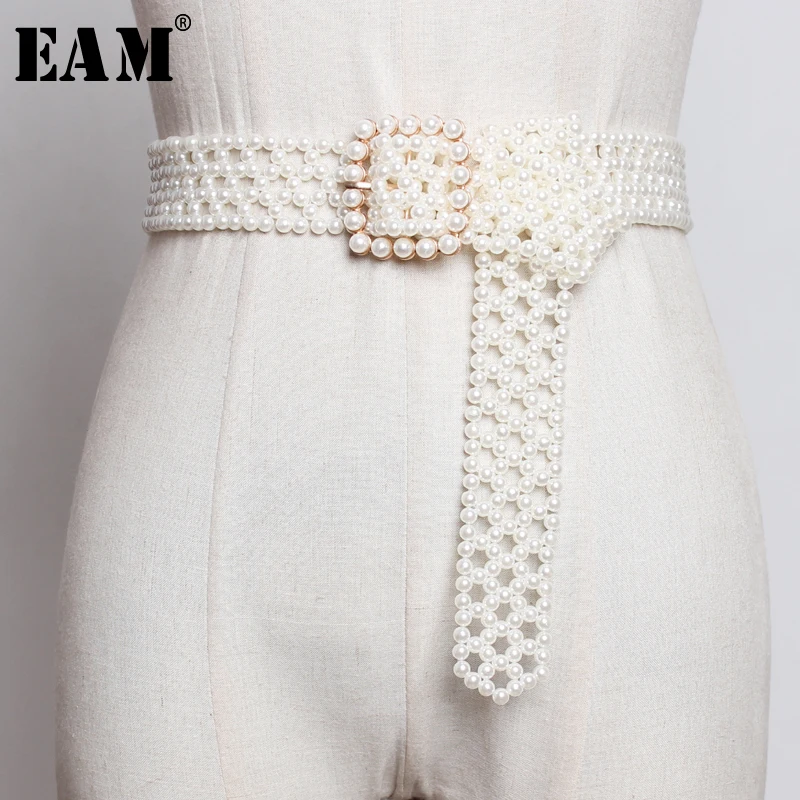 

[EAM] Pearls Hollow Out Square Buckle Long Wide Belt Personality Women New Fashion Tide All-match Autumn Winter 2020 1A834