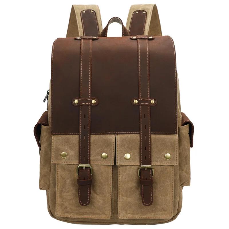 Fashion Retro Men's CanvasBookbag Large Capacity 15 Inch Computer Outdoor Crazy Horse Leather Travel Bag Heavy Duty Satchel
