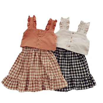 

2020 Summer Girls 2pcs Outfit Set Sling Ruffle Crop Button-Down Top Shirt+Plaid Pattern Ruffle Pleated Elastic Cute Skirt