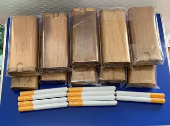 

Wholesale 10 Pieces Wooden Porcelain Box with Ceramic Pipe and Wooden Funnel Walnut-like cigarette case Wooden pipe box