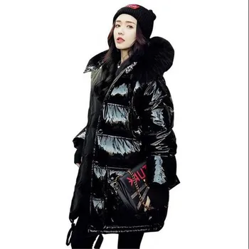 

Womens down jackets real Fur Collar Hooded Long Jacket Women 2019 Winter Ladies' Down coat plus Size Loose Glossy Coats Outwear