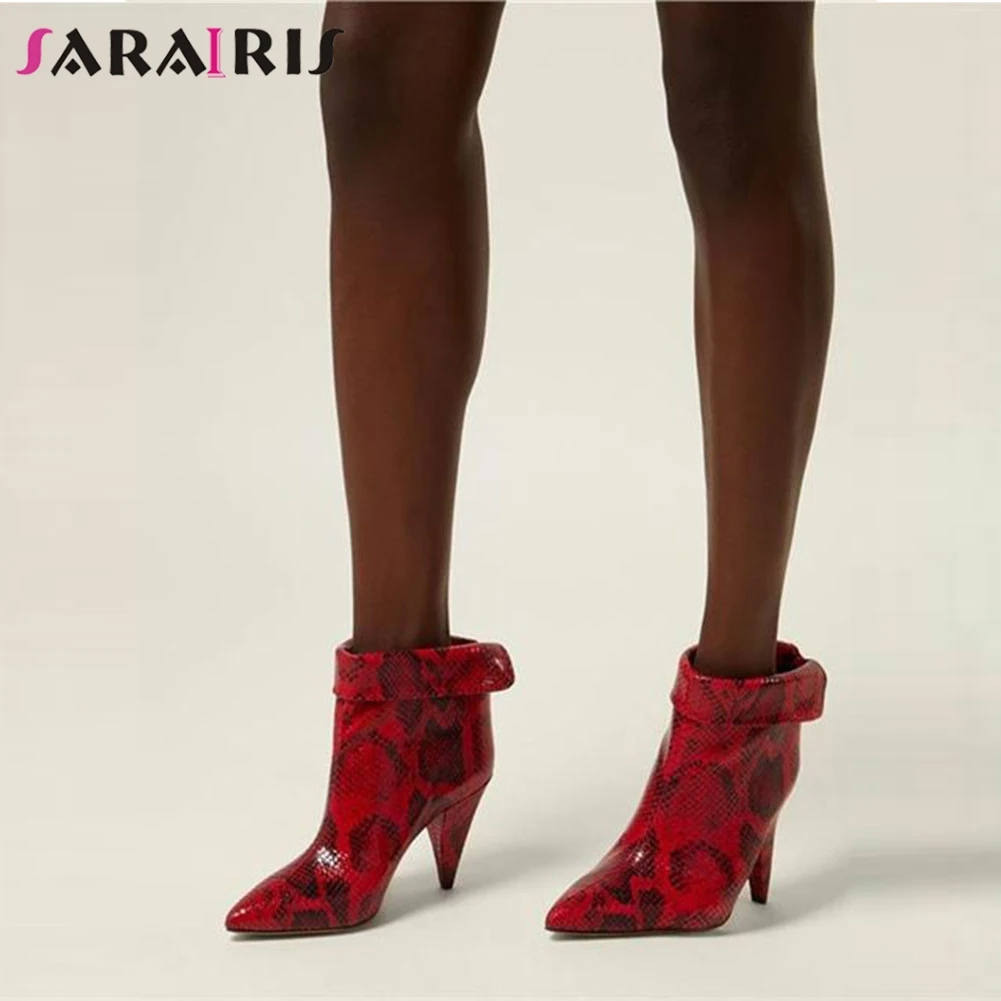 

SARAIRIS Brand New Big Size 33-43 Genuine Leather Snake Veins Pointed Toe Shoes Woman Party OL Sexy Luxury Ankle Boots Women
