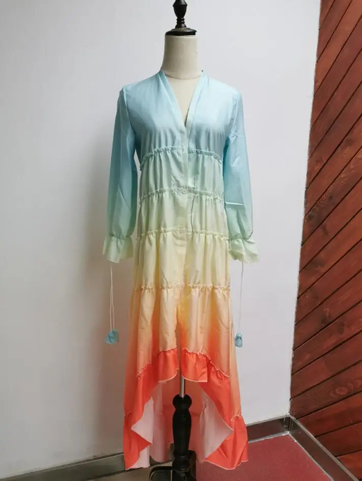 Женское осеннее длинное платье Бохо с длинным рукавом, богемное Свободное платье с асимметричным подолом с оборками, Пляжное Платье градиентного цвета