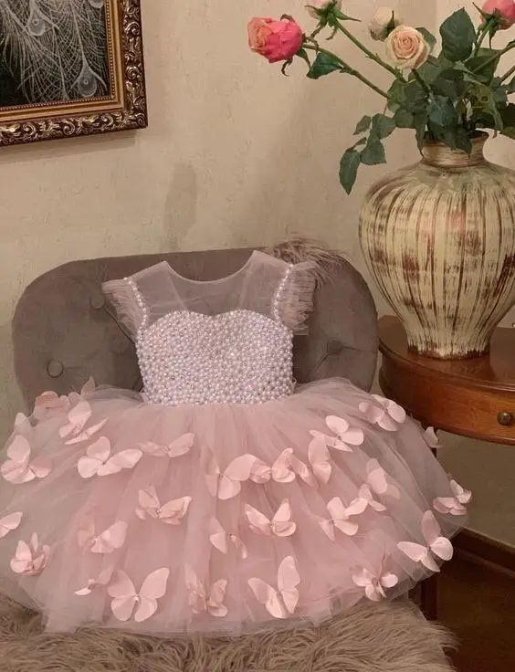

New Flower Girl Dresses Pink 3D Butterflies Pearls Top Little Princess Custom Made Birthday Party Dress