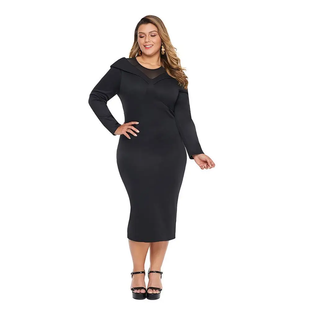 

5XL party night dress big size slit bandage evening long dress black mesh elegant women dress plus size long sleeve winter dress