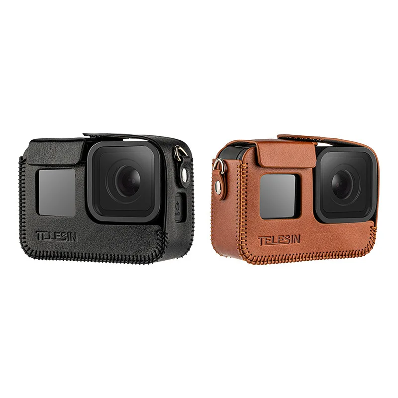 

TELESIN leather protective case PU storage bag with hand strap lanyard for gopro 8 5 6 7 black camera case go pro accessories