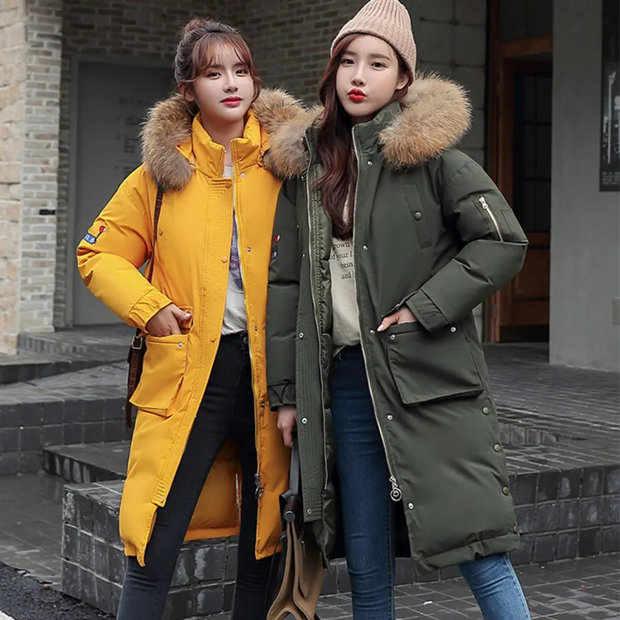 buy  Fur Hooded Long Winter Cotton Coats Women Solid Pockets Plus Size Jackets Coats Korean Female Thick