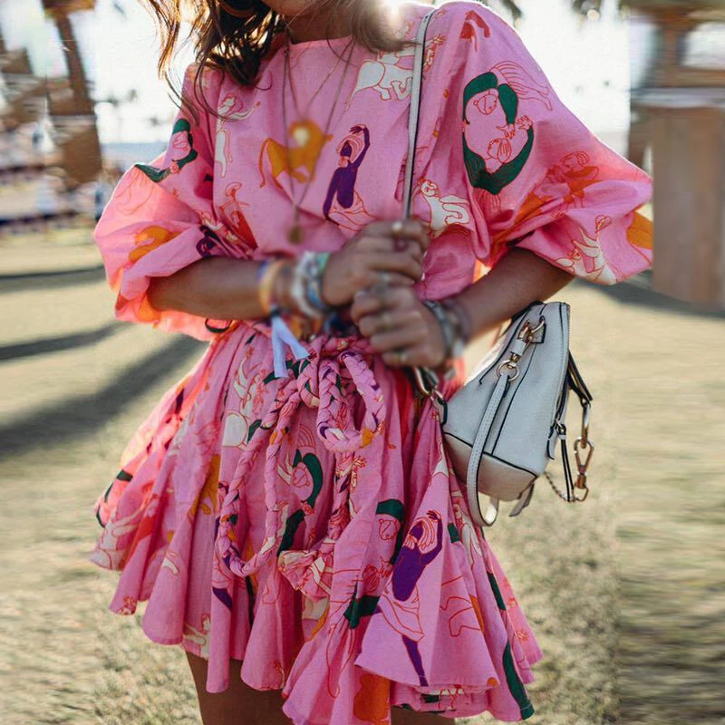 

Women Sweet Floral Print Summer Dress -neck Long Lantern Sleeve Gradient A-Line Mini Dresses