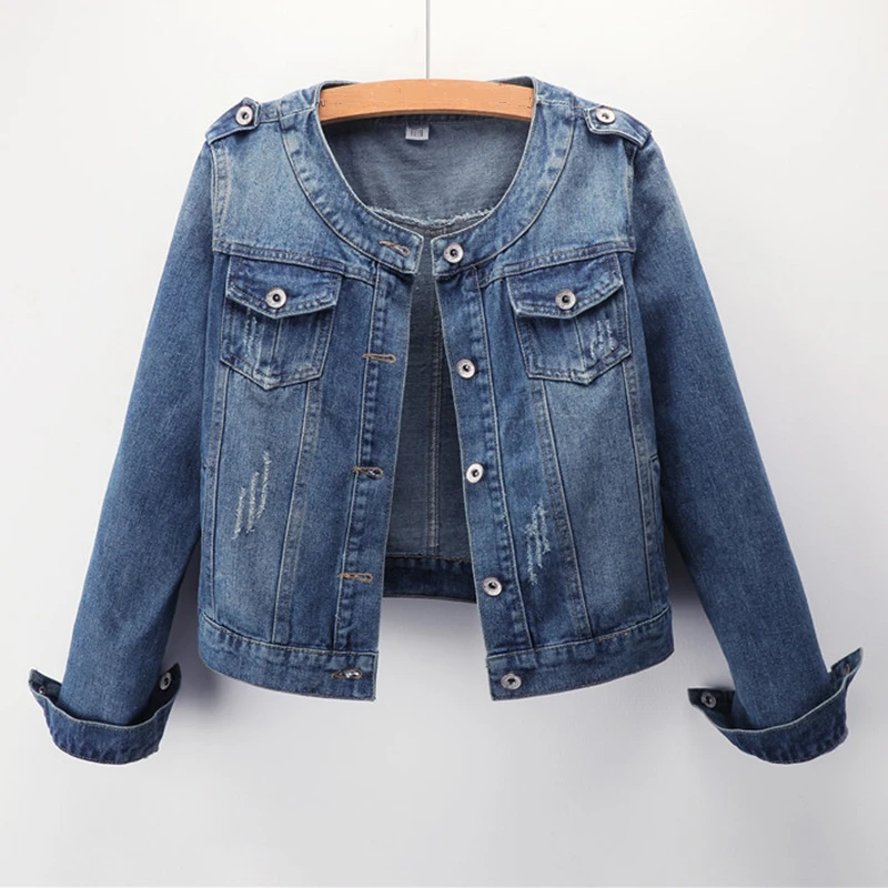 

SeeBeautiful Loose Denim Jacket Coat O Neck Long Sleeve Single Breasted Pockets Holes New Fashion 2020 Autumn Women M088