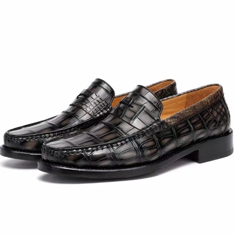 

Authentic Exotic Crocodile Skin Hand Painted Coffee Color Men's Chic Loafers Genuine Alligator Leather Male Slip-on Dress Shoes