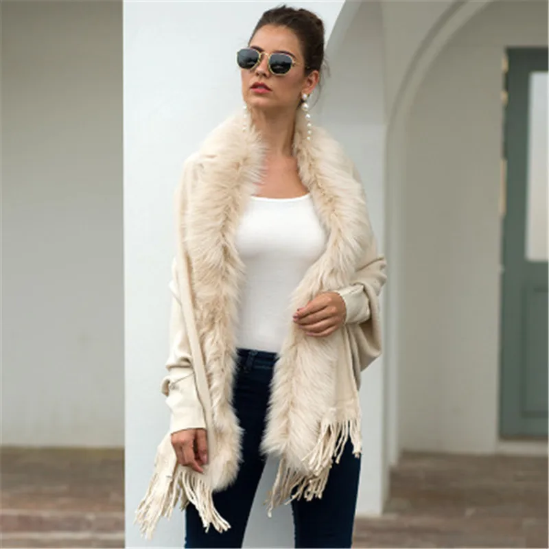

Women Sweater Tassels Cloaks Wrap Wool Collar Cardigans Spring Autumn Long Sleeve Plus Size Knitted Sweater Casual Wool Sweater