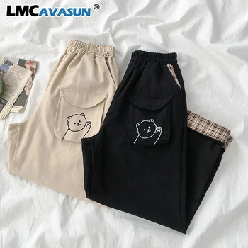 

Lovely Embroidery Wide Leg Pants Women Casual Harajuku High Waist Loose Fashion Long Pants Female Khaki Black Straight Bottoms