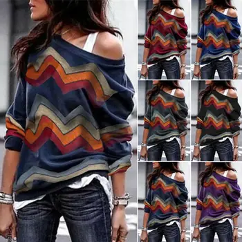 

Women Geometric Print One Shoulder Sweatshirts Tops Long Sleeve Knit Vintage Pullover Sexy Casual Loose Sweatshirt Plus Size
