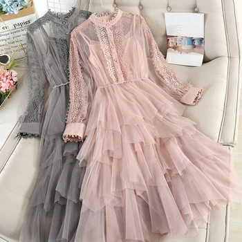 

Lace dress female new temperament long-sleeved retro small fragrance wind high waist fairy long