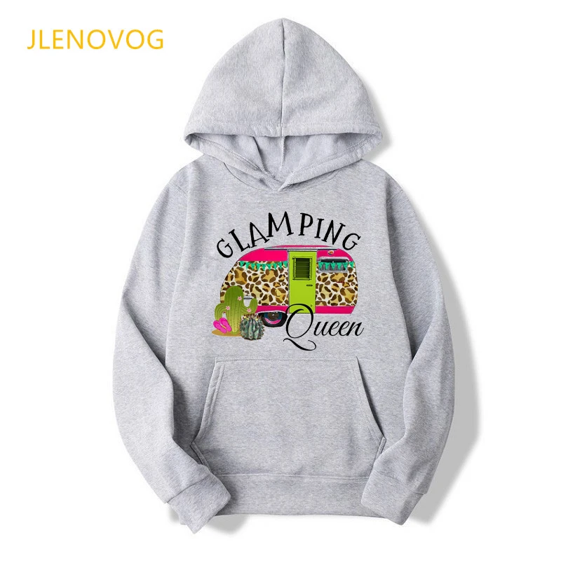 Divertente Cappuccio Grigio Felpe Con Cappuccio Abbigliamento Donna 2021 Glamping Queen Leopard Felpa Femme Stile Coreano Abbigliamento Tuta Maglione
