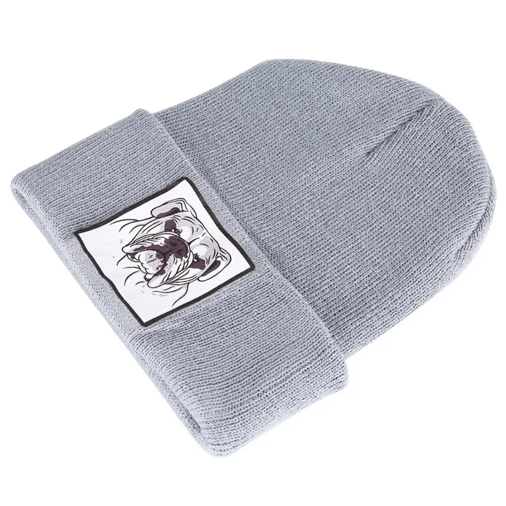 Серый Однотонные вязаные зимние шапки для женщин, серый бульдог, Skullies, Мужской Хлопковый бант, хеджирующая Кепка унисекс, теплые, с манжетами, тонкие повседневные шапочки - Цвет: Серый