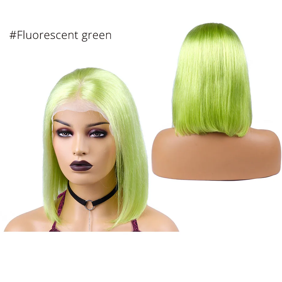Ombre 13X4 прямой парик короткий Боб кружевные передние парики для женщин предварительно сорванный серый/розовый/зеленый бразильские человеческие волосы парики remy волосы - Цвет волос: Fluorescent green