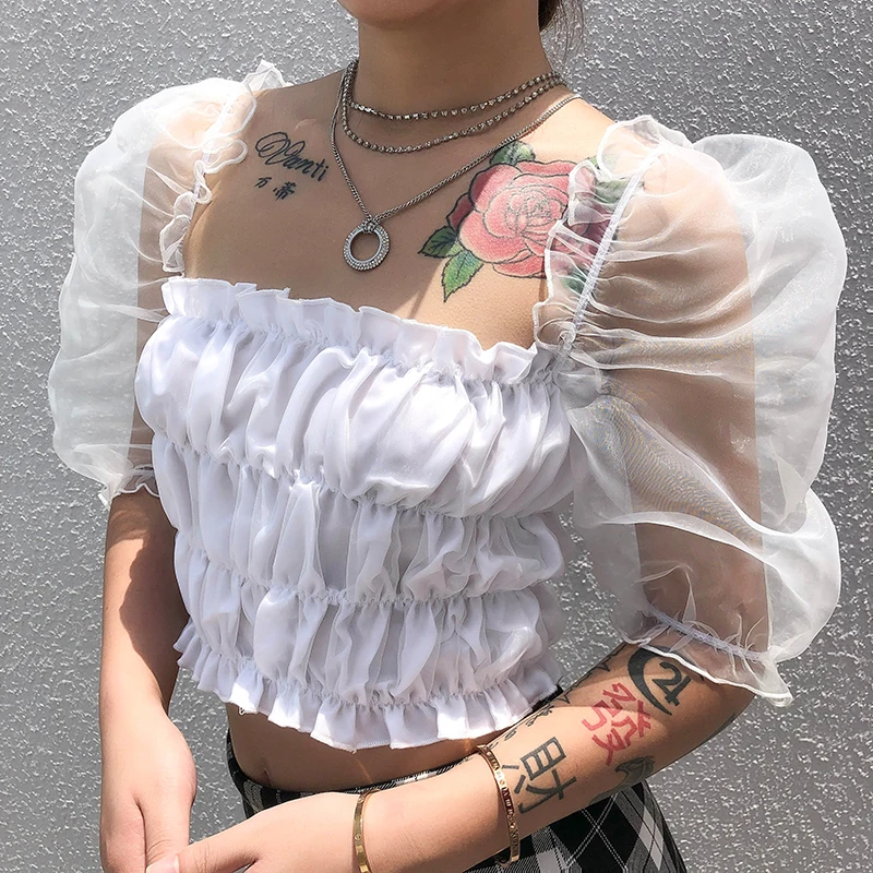 UK Women's Girl Puff Sleeve Vintage Chiffon Crop Top Pullover Shirt Summer Ladies Plain Floral Top Office Fashion