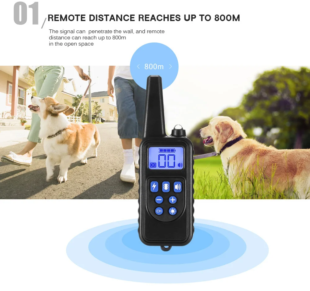 880 800m Waterproof Rechargeable Dog Training Collar Remote Control LCD Display