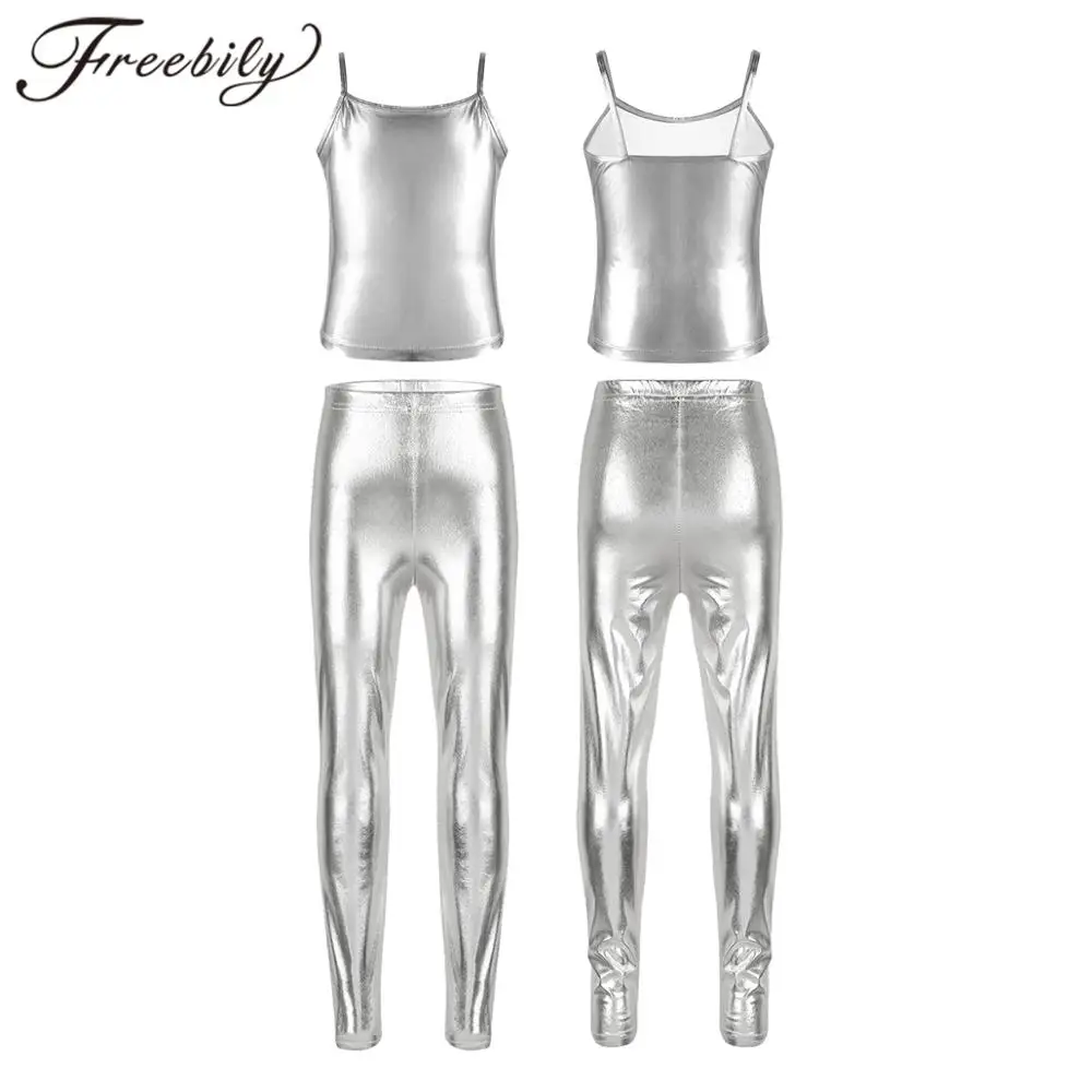 

Kids Ballet Dance Wear Gymnastics Fitness Workout Jazz Dance Costume Girls Shiny Metallic Dance Camisole Tank Tops With Leggings