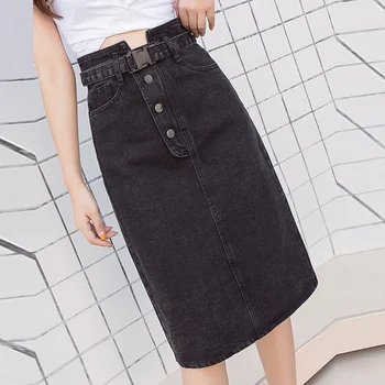 

Black Denim Skirts For Women Knee Length A Line Midi Jeans Skirts Ladies With Belt Spring Summer Korean Style Skirt Girl