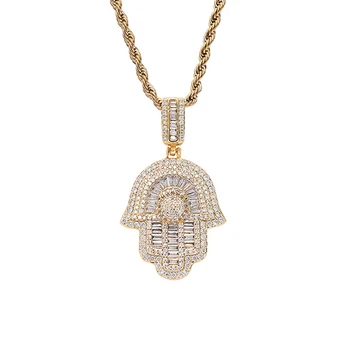 

Hip Hop Prong Setting AAA CZ Stone Bling Iced Out Hand of Fatima Pendant Necklace for Women Men Unisex Rapper Jewelry