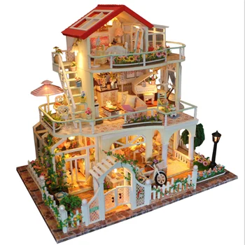 

Diy 3D wooden Miniature doll house Kit with led villa dust cover creative building assembly model Cabin Christmas birthday gifts