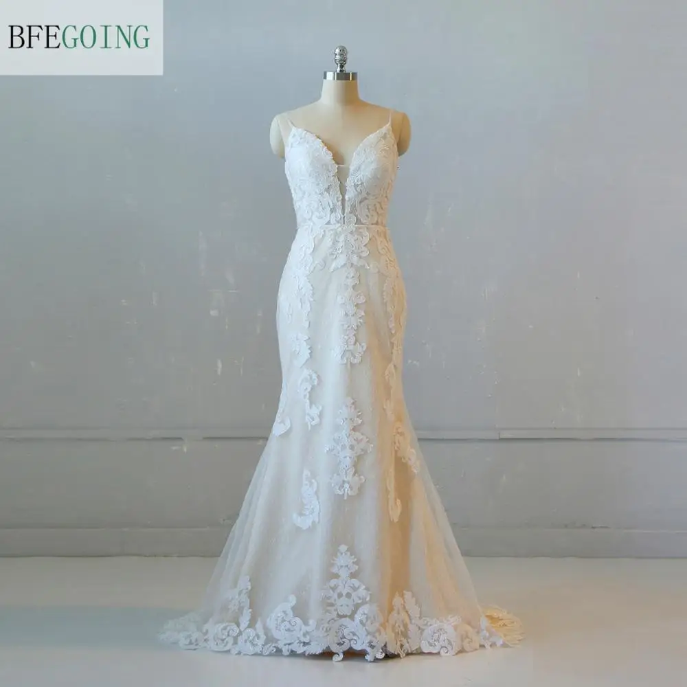

Champagne Satin Ivory Lace Spaghetti Straps Floor-Length Mermaid/Trumpet Wedding dress Chapel Train Custom made