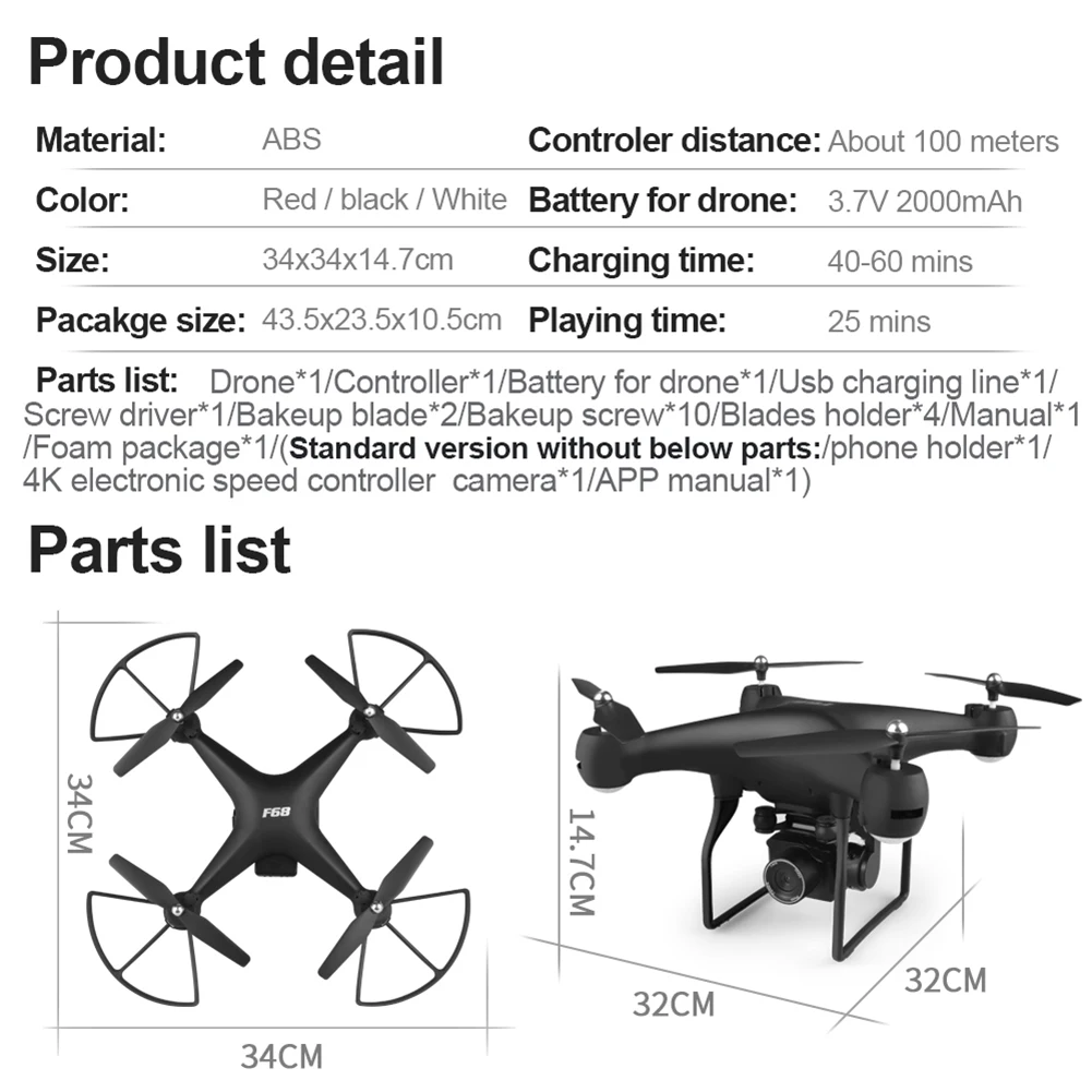 F68 стабильный ABS RC Квадрокоптер трек полет HD камера подарок широкоугольный Летающий вертолет оптический поток Дрон Безголовый режим в режиме реального времени