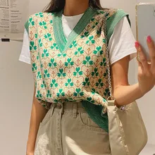 

CGC Women Y2K Sweater Vest Autumn 2022 V Neck Printing Knitted Waistcoat Warm Sleeveless Top Female Casual Pullover Sweater Vest