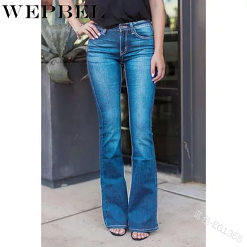 

WEPBEL Women Casual Mid Waist Denim Stretch Slim Flare Pants Length Jeans Slim Button Pockets Pants Women Jeans Plus Size