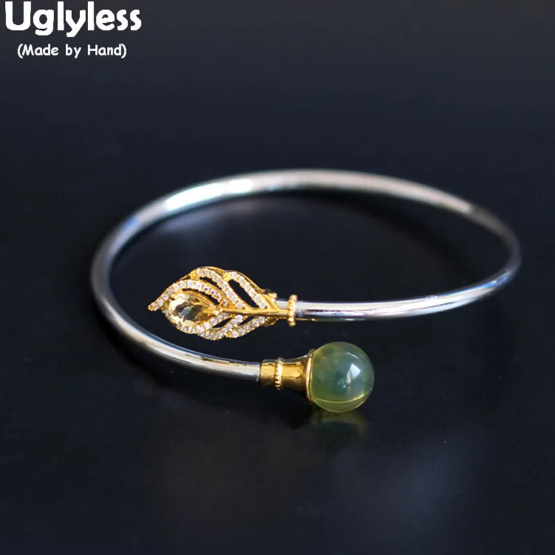 Uglyless Mexico Blue Perot Bangles for Women Discolored Amber Open Real 925 Silver Leaf Crystals Bracelets Jewelry BA648 | Украшения и