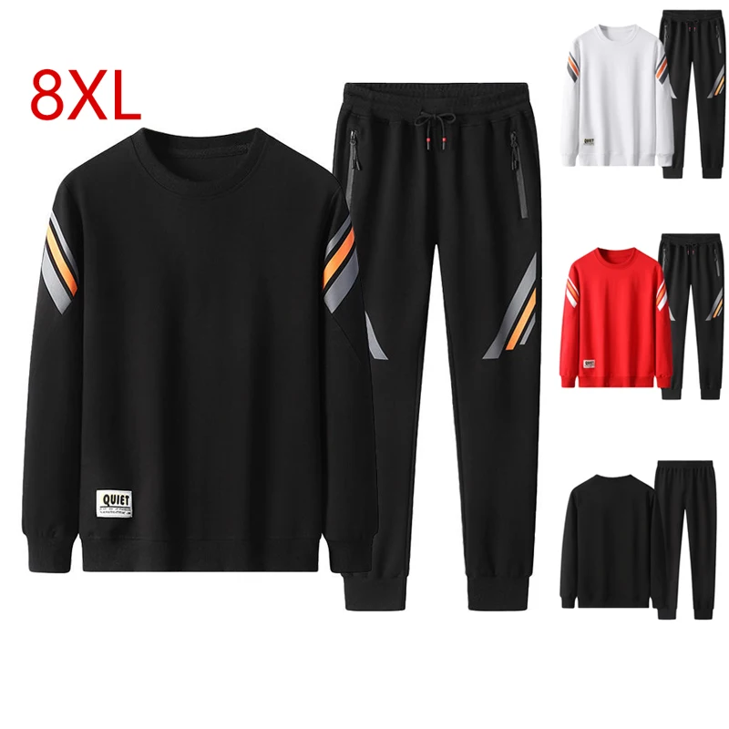 Sport Suit Men Large Size 8XL 7XL 6XL Loose Tracksuits Mens Spring Autumn Round Neck Black Red White Fitness Running Set | Мужская