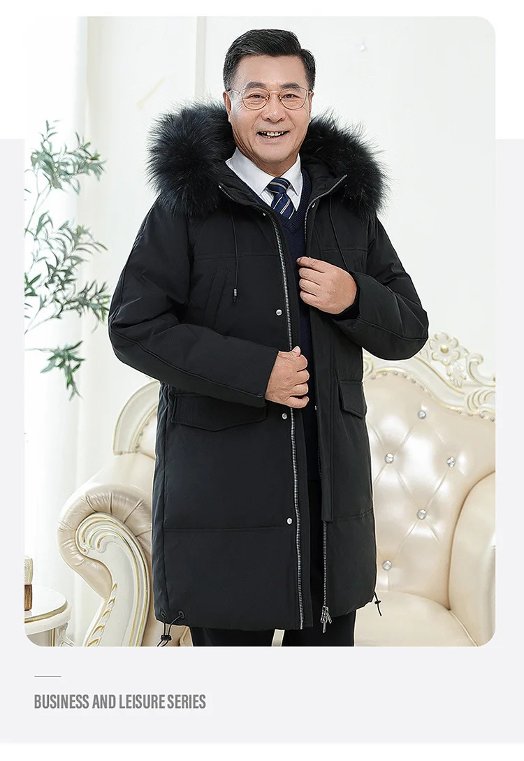 black puffer jacket Father's winter coat thickened middle-aged men's down jacket mid-length middle-aged and elderly winter grandpa fur collar long puffer jacket