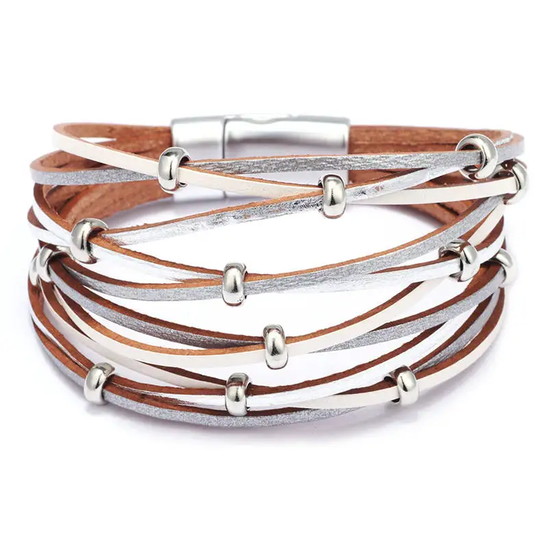 Gold Silver Color Beads Leather Charm Bracelets for Women Men Fashion Multilayer Wrap Bracelets Bangles Jewelry Gift - Окраска металла: 3