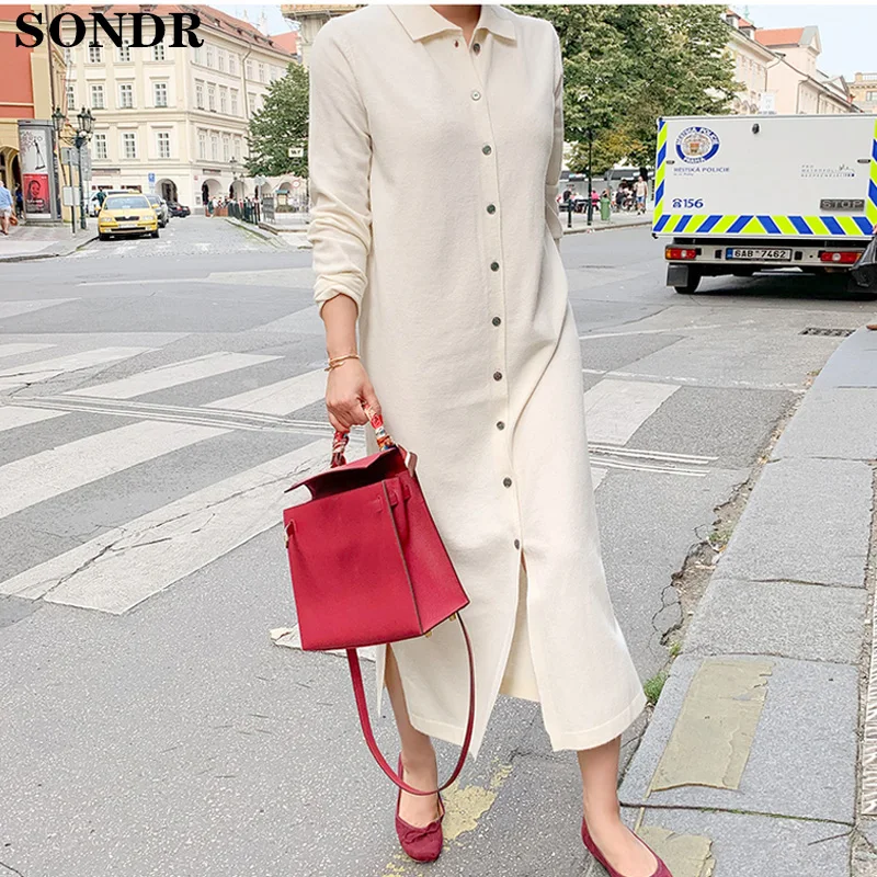 

Korean Elegant Single-Breasted Knit Sweater Dress Women 2020 New Autumn Knitted Cardigan Sweater Dresses One Piece Beige Dresses