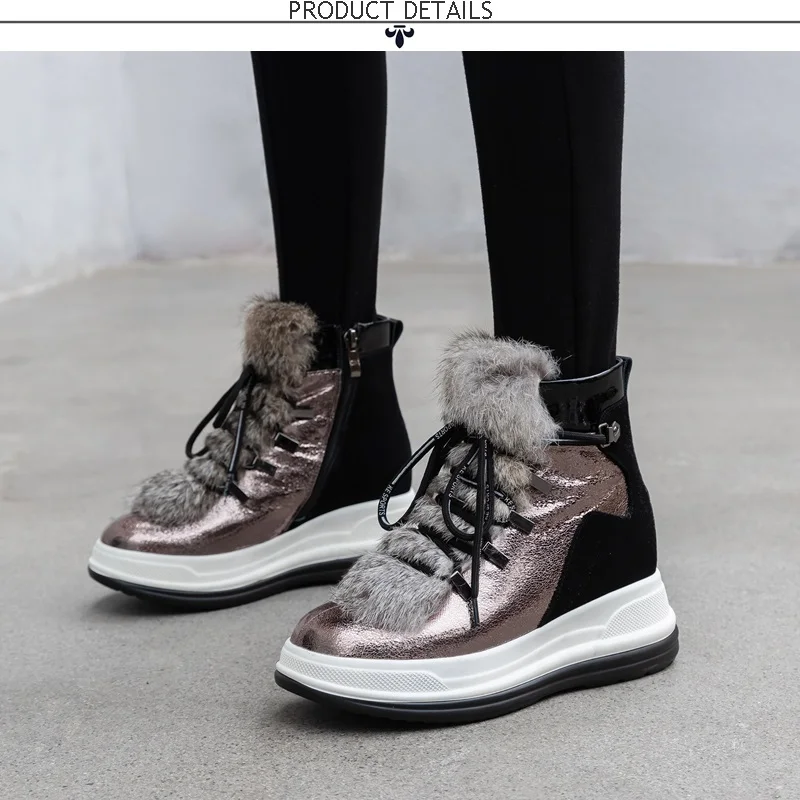 ZVQ cool runk snow boots silver black winter leather wool 5.5cm mid heels women's shoes lace-up zipper round toe ankle boots