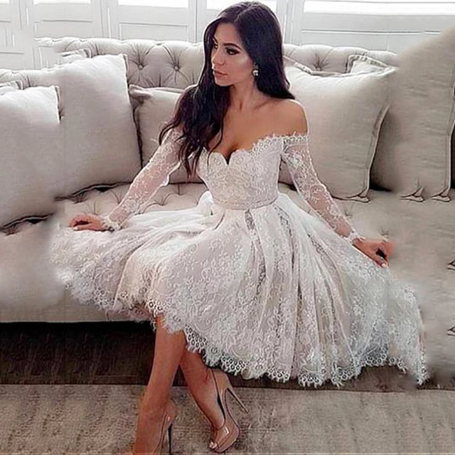 Kurze Hochzeit Kleid 2020 Schatz Bieten Die Schulter Langarm Perlen  Schärpen Knie Länge Frühjahr Braut Kleid vestido de noiva - AliExpress