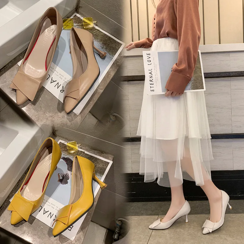 

Women's Pointed-Toe Thin Heeled High Heel Shoes 2019 New Style Autumn Versatile Hide Substance Shoes Women's Low-Cut Korean-styl