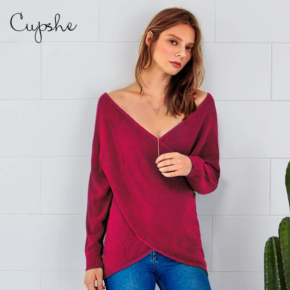 Красный укороченный свитер CUPSHE с запахом и открытыми плечами длинным рукавом
