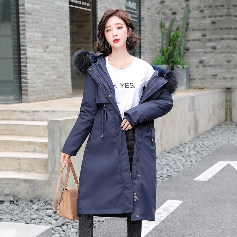 

Cotton Liner Parker Parka Winter Jacket Women 2020 New Fashion Adjustable Wasit Long Hooded Parka Casual Fur Collar Coat