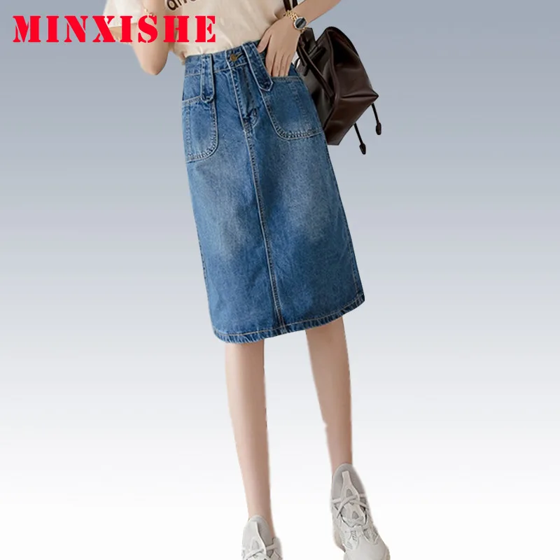 Юбки jupe femme женские осенние 2019 джинсы Уличная синий плюс размер миди с высокой талией разрезные женские юбки