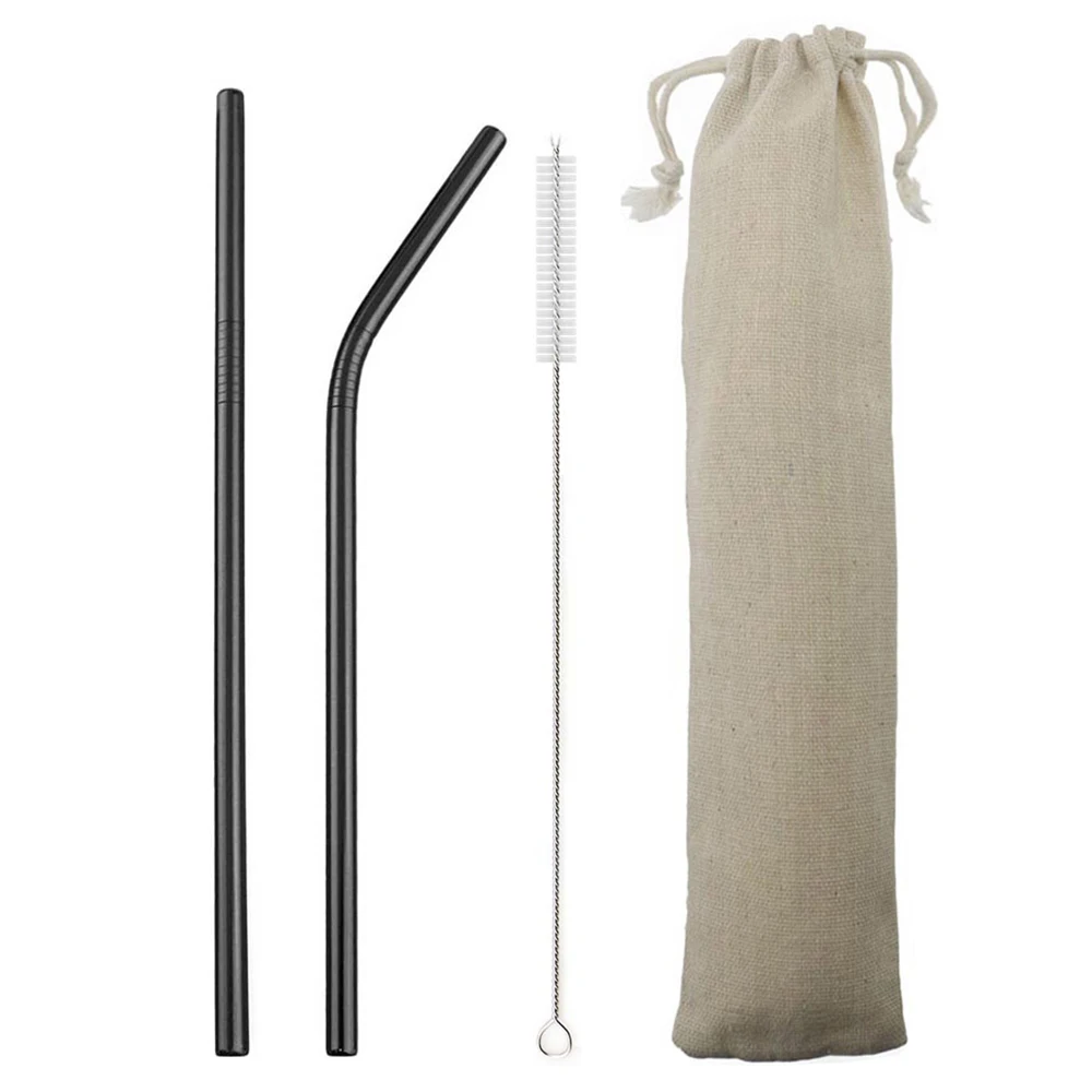 18/10 en acier inoxydable paille ensemble réutilisable en métal boire paille ensemble droite plié paille avec plus propre brosse sac de rangement en gros |
