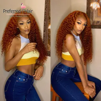 

Preferred Full Density Orange Curly Human Hair Wig Pre Plucked 99J Malaysia Remy Lace Front Human Hair Wigs for Black Women