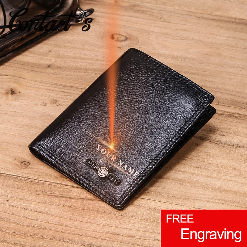 

Contact's Engraved Mens Wallet Short Billfold Genuine Leather Men Wallets Zipper Small Coin Purse with Card Holders Gift for Dad