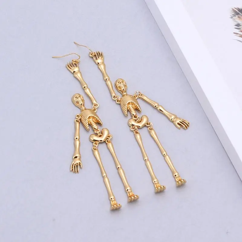 

Punk Gold Skeleton Bones Gothic Moving Part Spooky Drop Earrings Fashion Jewelry Y4QB