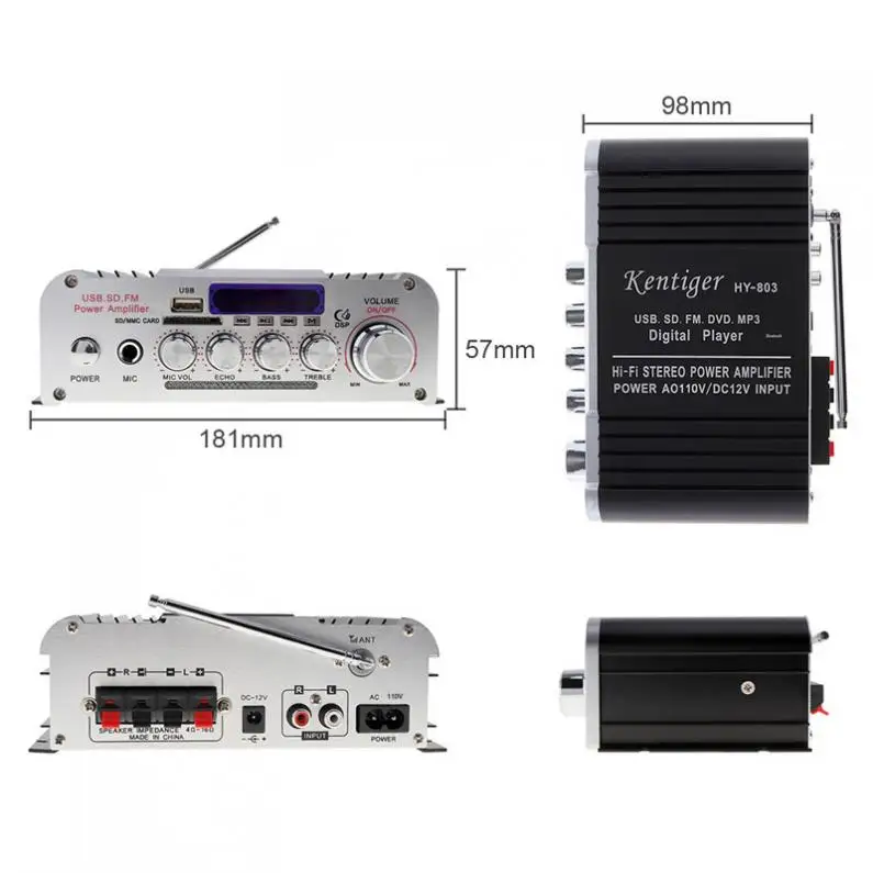 HY-803 2CH HI-FI Car Audio Power Amplifier FM Radio Player Support SD USB / DVD / MP3 Input for Car Motorcycle Home