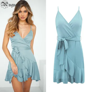 

Uguest Sexy Summer Women Retro Dress Ruffles Spaghetti Strap V-neck Sashes Open Back Solid Vintage Nightclub Party Dresses